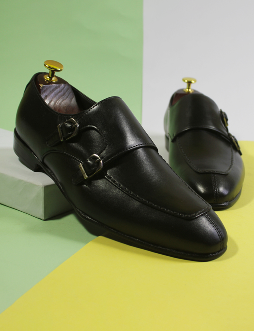 Double Monk Black Leather Shoes