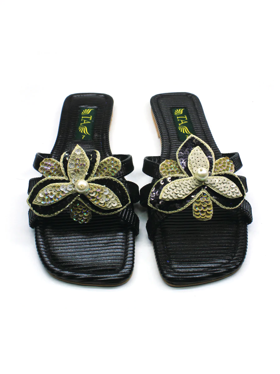 Black Floral Fancy Slippers