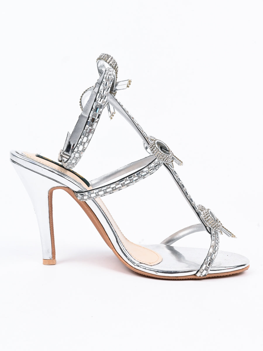 Silver Fancy Bridal Wear Heels Sandal For Women's (6830363410572)